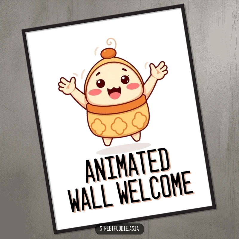 Funny Dim Sum Digital Art: A downloadable print of a happy dim sum character with tiny arms waving. Adds cheer and vibrancy. Funny gift.