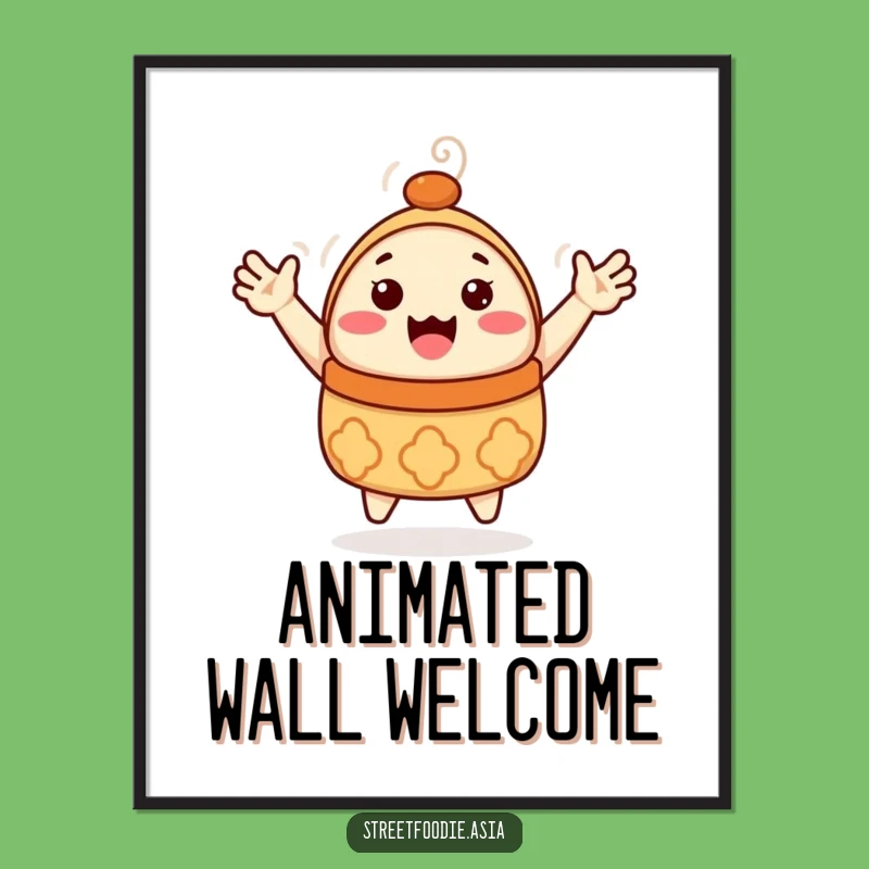 Funny Dim Sum Digital Art: Waving Character Print for Joyful Decor
