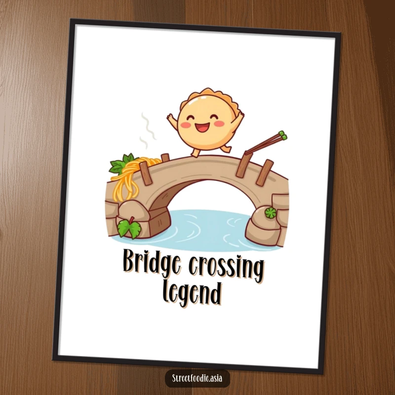 Funny digital art print illustrating a smiling empanada leaping over a steaming noodle bridge, perfect for humorous wall decor.