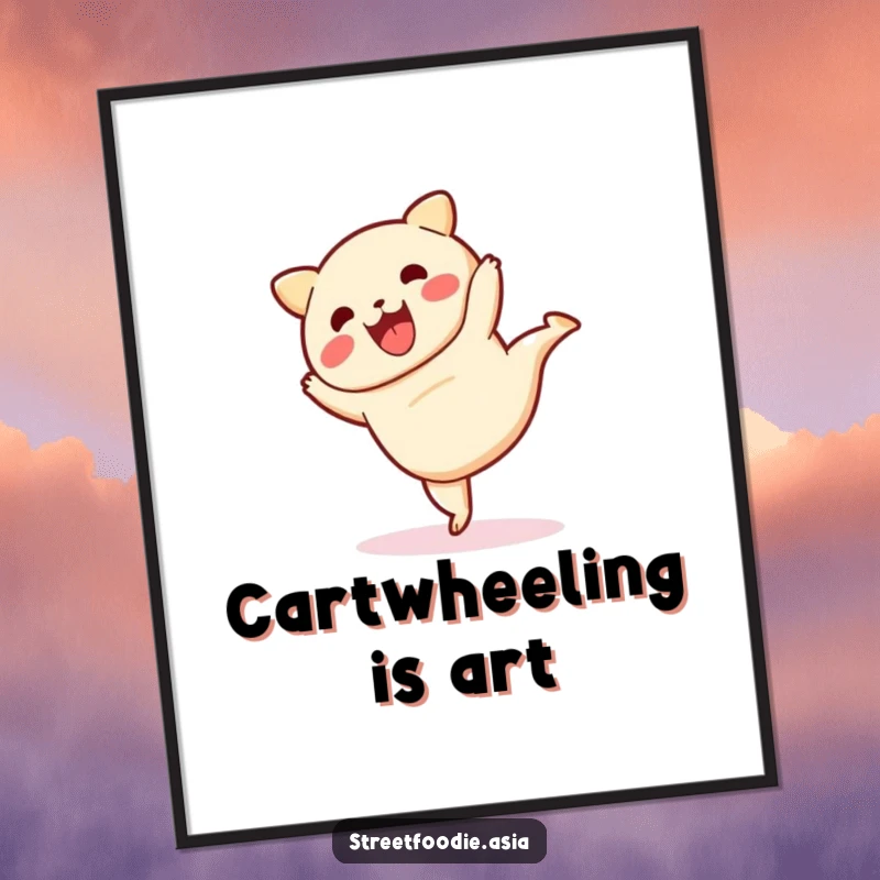 Funny digital art print of a dim sum character mid-cartwheel, offering instant humor and visual delight.