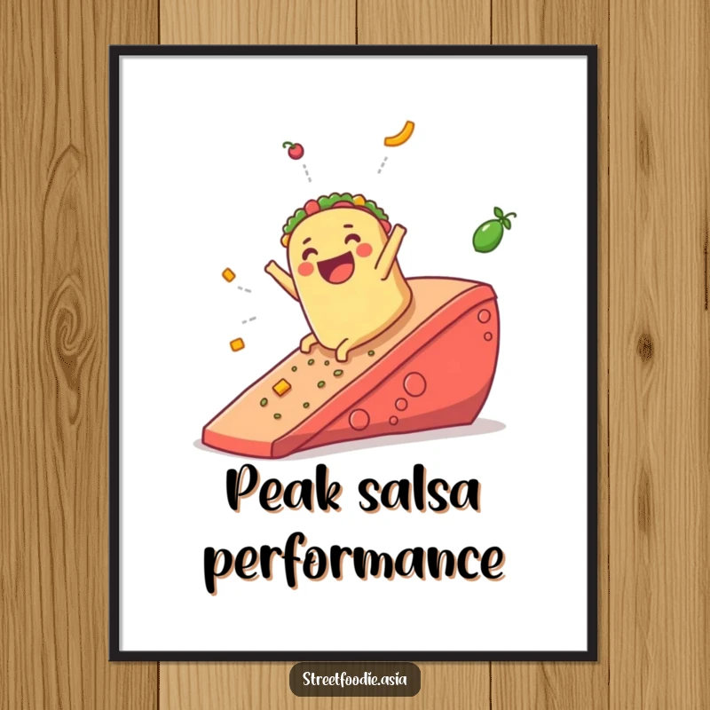 Funny digital art print illustrating a jubilant burrito sliding down a giant salsa ramp, perfect for humorous wall decor.