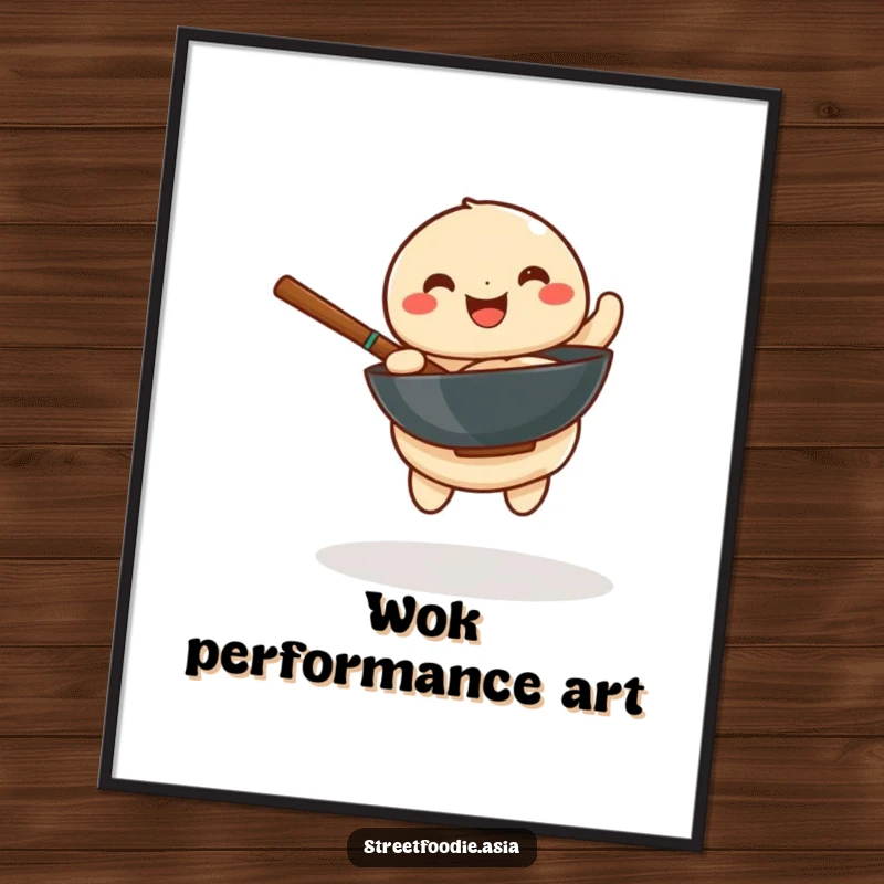 Funny digital art print illustrating a playful dumpling happily spinning a miniature wok, perfect for humorous wall decor.