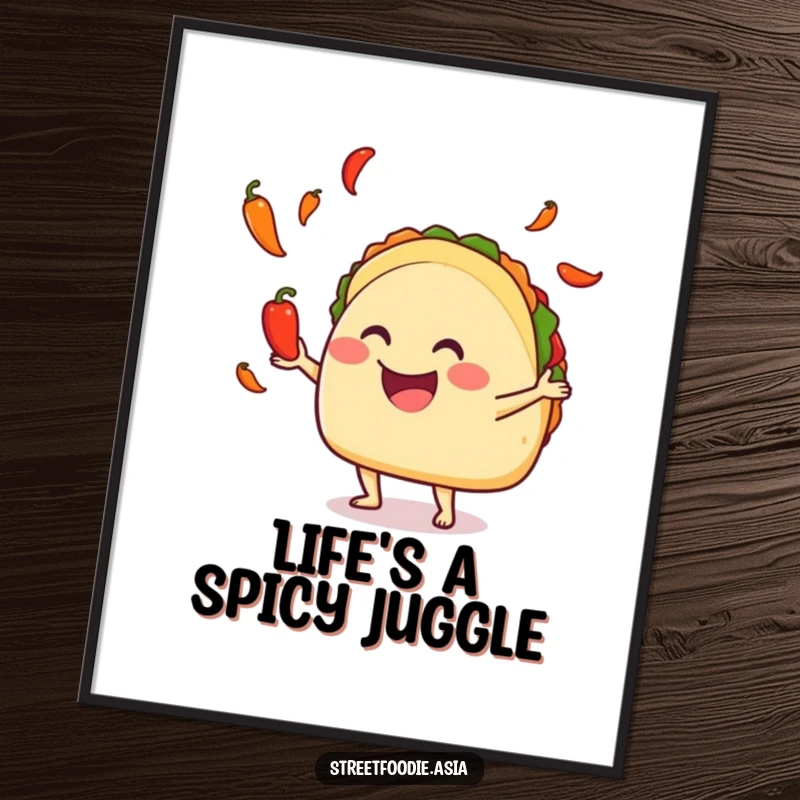 Funny taco juggling tiny hot peppers in a digital art print, full of zest. Excellent funny gift.