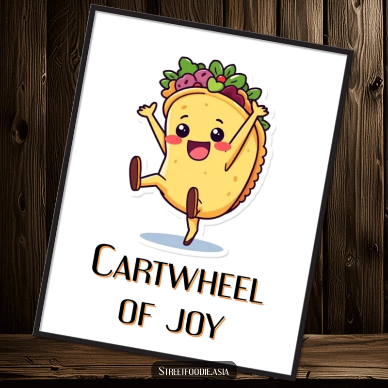 Funny Digital Art Print of a joyful taco character in a dynamic cartwheel, ideal for adding festive, humorous decor.