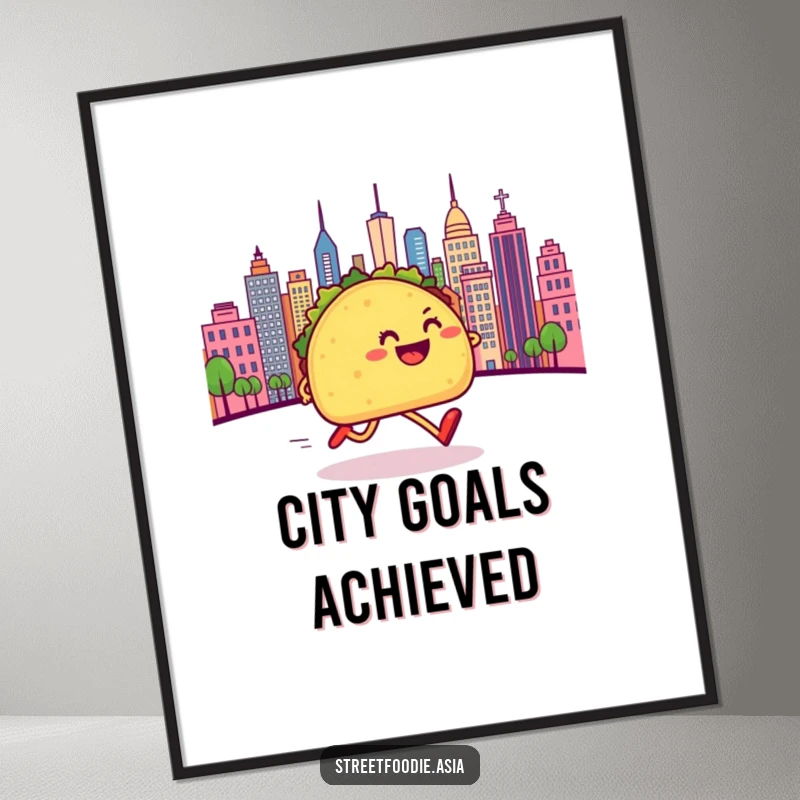 Funny digital art print illustrating a taco with legs sprinting towards a vibrant cityscape, perfect for humorous wall decor.