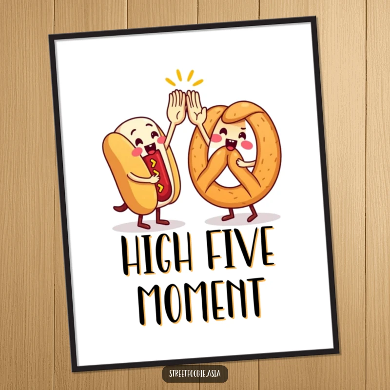 Funny Digital Art Print of a hot dog and pretzel character in a dynamic high-five, ideal for adding festive, humorous decor.