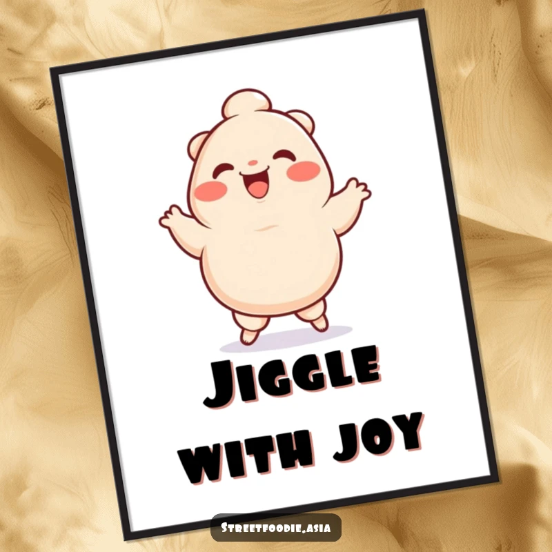 Funny Digital Art Print of a smiling dumpling character performing an energetic silly jig, adding a humorous and joyful touch.