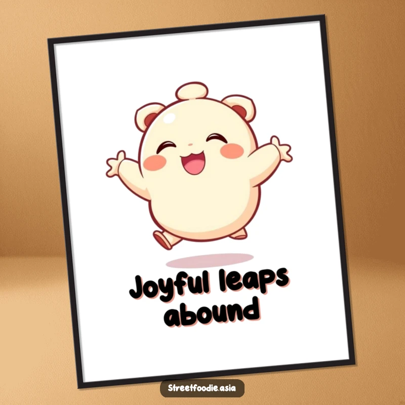 Funny digital art print of a smiling dumpling character joyfully leaping, adding instant cheer and humor.