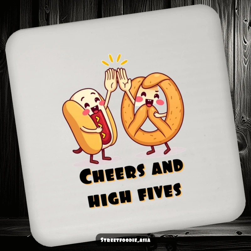Funny Coaster featuring a hot dog and pretzel character in a high-five, offering surface protection with a humorous, celebratory design.