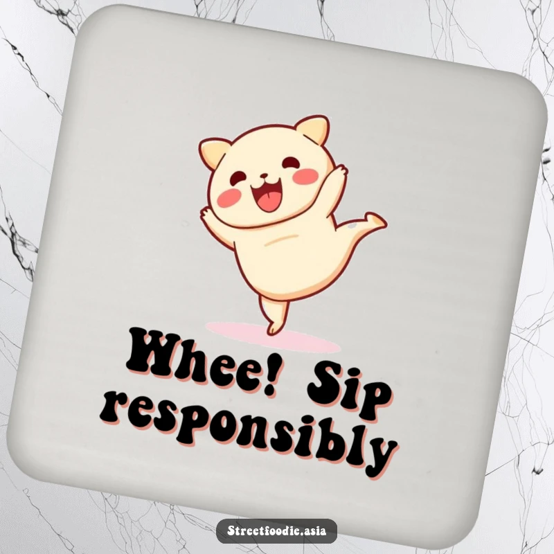 Funny coaster displaying a dim sum character performing a cartwheel, protecting surfaces with a touch of humor.