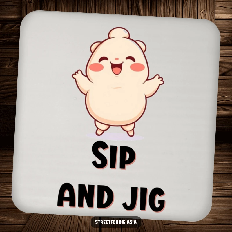 Funny Coaster showcasing a smiling dumpling character in a silly jig pose, offering surface protection with a humorous design.
