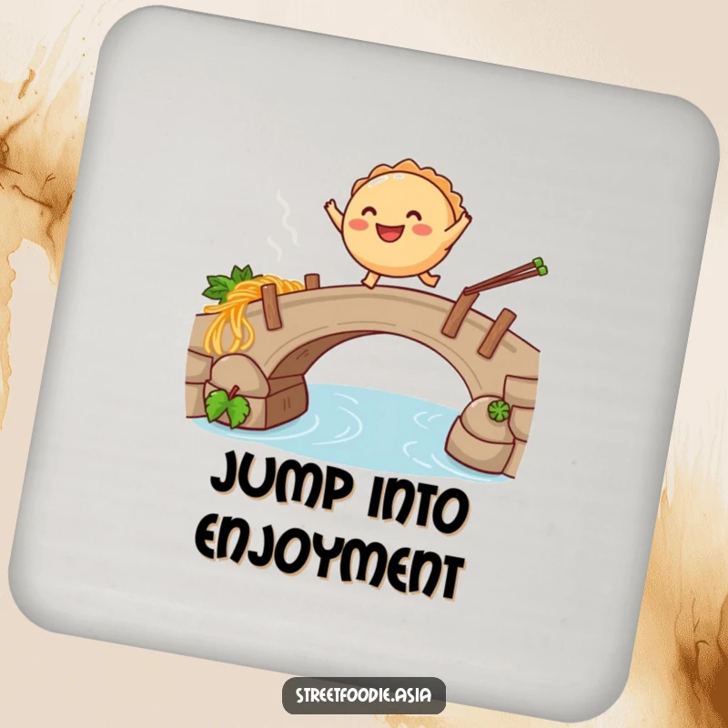 Funny drink coaster depicting a smiling empanada leaping over a steaming noodle bridge, designed for surface protection with humor.
