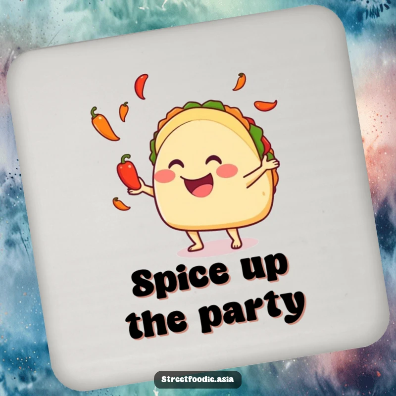 Funny taco juggling tiny hot peppers on drink coasters, adding spicy fun and protection. Ideal funny gift.