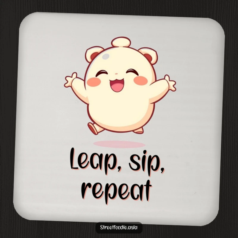 Funny coaster with a happy dumpling character in a joyful leap, protecting surfaces with a dose of cheer.