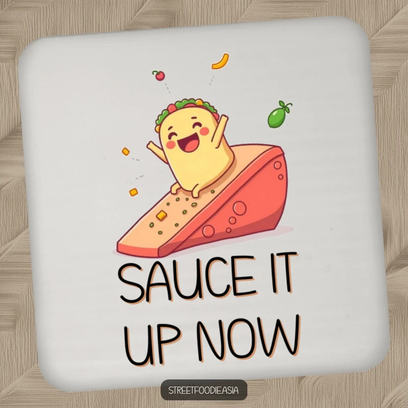 Funny drink coaster depicting a happy burrito sliding down a giant salsa ramp, designed for surface protection with humor.