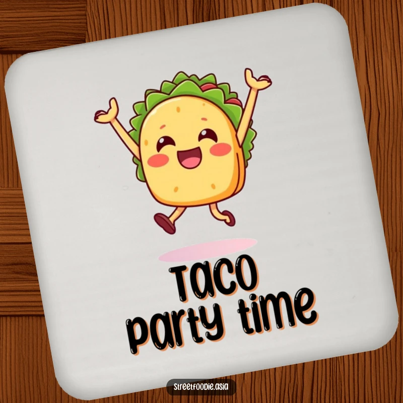 Funny Taco Jump Coaster Set featuring taco characters doing celebratory jumps. Protects surfaces with festive humor.