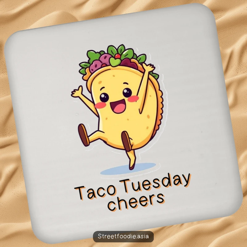 Funny Coaster featuring a joyful taco character in a cartwheel, offering surface protection with a humorous and festive design.