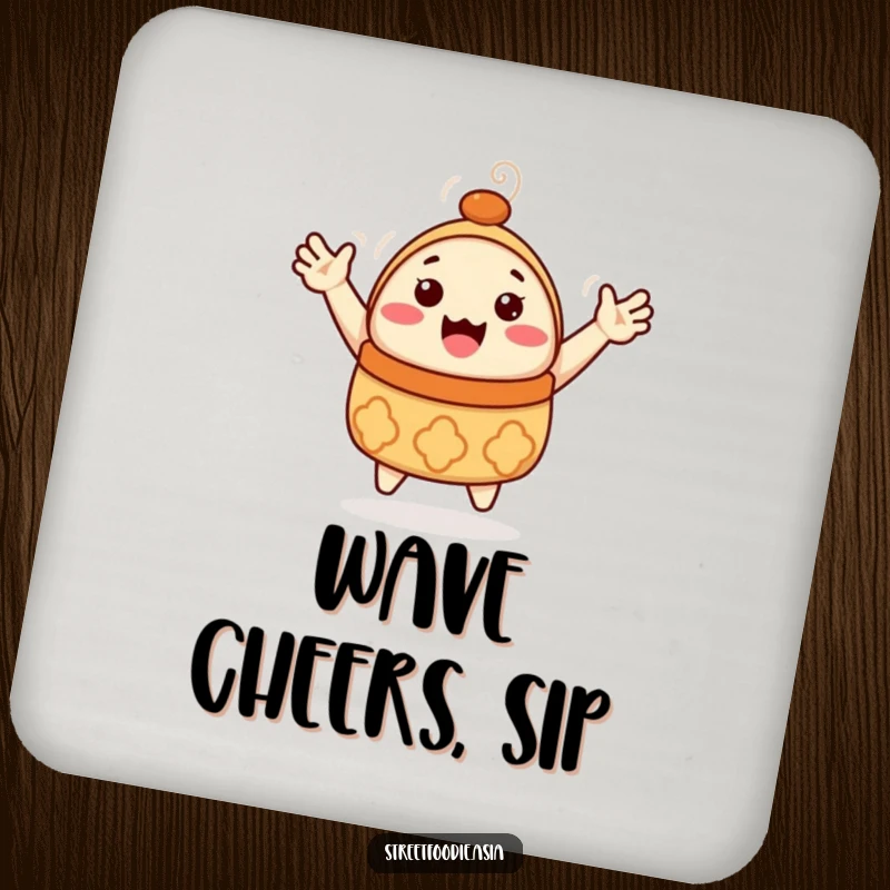 Funny Dim Sum Coasters: A set featuring a happy dim sum character with tiny arms waving. Protects tables with humor. A funny gift.