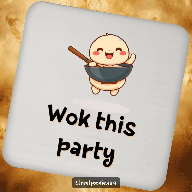 Funny drink coaster depicting a playful dumpling joyfully spinning a miniature wok, designed for surface protection with humor.