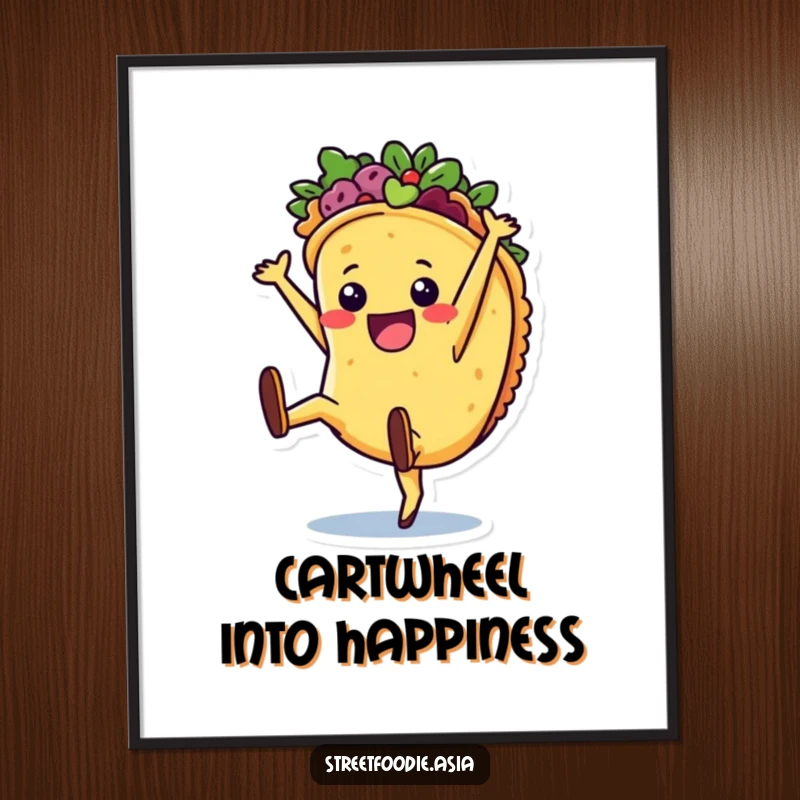 Funny Poster capturing a joyful taco character in a dynamic cartwheel, perfect for adding festive humor and energy to wall decor.