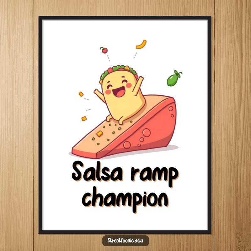 Funny poster illustrating a jubilant burrito sliding down a giant salsa ramp, perfect for adding a humorous artistic element.