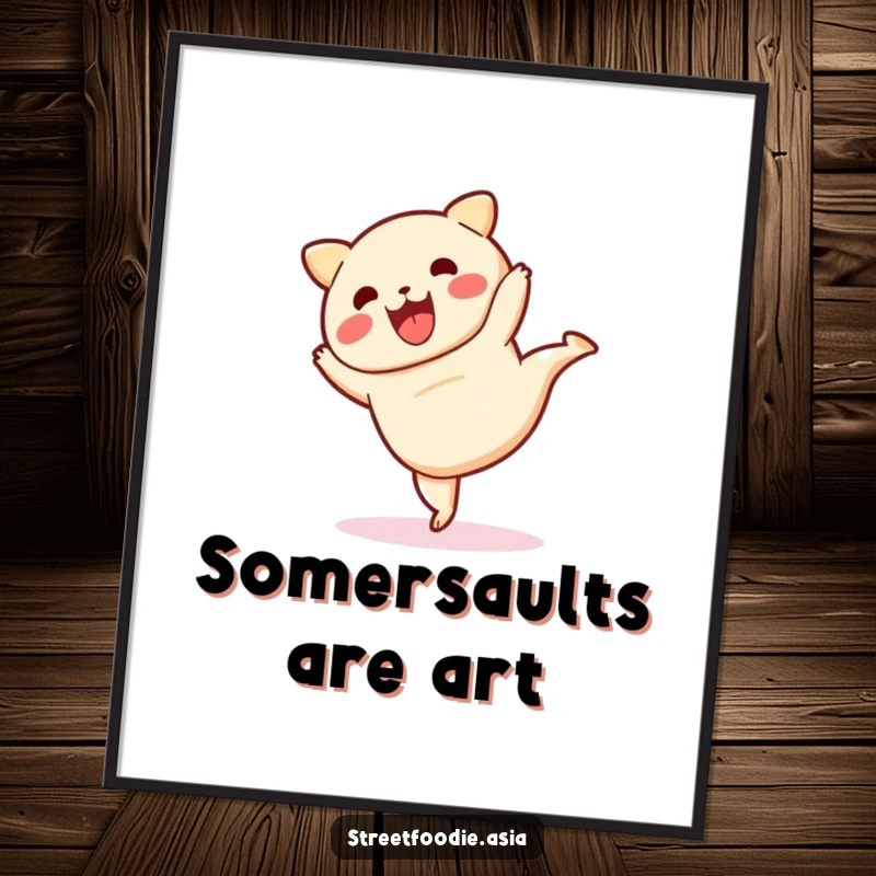 Funny poster of a dim sum character executing a joyful cartwheel, creating a lively and humorous visual statement.