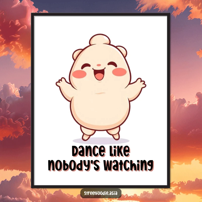 Funny Poster showcasing a smiling dumpling character captured in a hilarious, energetic silly jig, perfect for humorous wall decor.