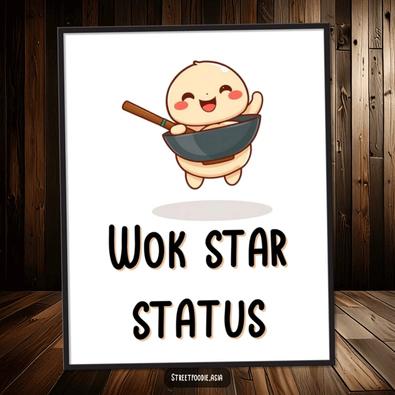 Funny poster depicting a playful dumpling happily spinning a miniature wok, perfect for adding humorous kitchen art.