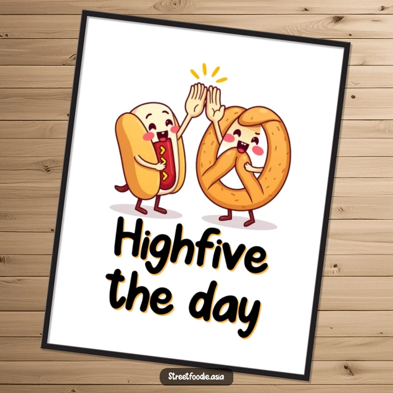 Funny Poster capturing a hot dog and pretzel character in a dynamic high-five, perfect for celebrating friendship and street food culture.
