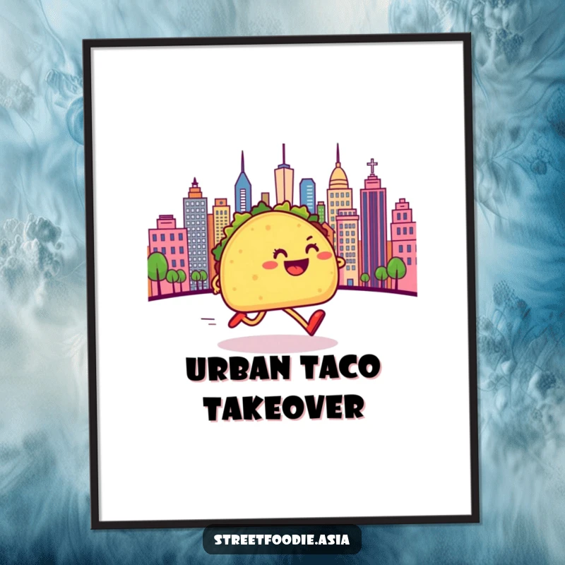 Funny poster depicting a taco with legs sprinting joyfully towards a dynamic cityscape, adding a humorous artistic touch.