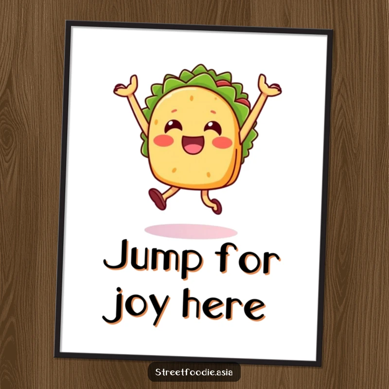 Funny Taco Jump Poster showcasing a happy taco character in a vibrant, celebratory jump pose. Festive and humorous wall art.