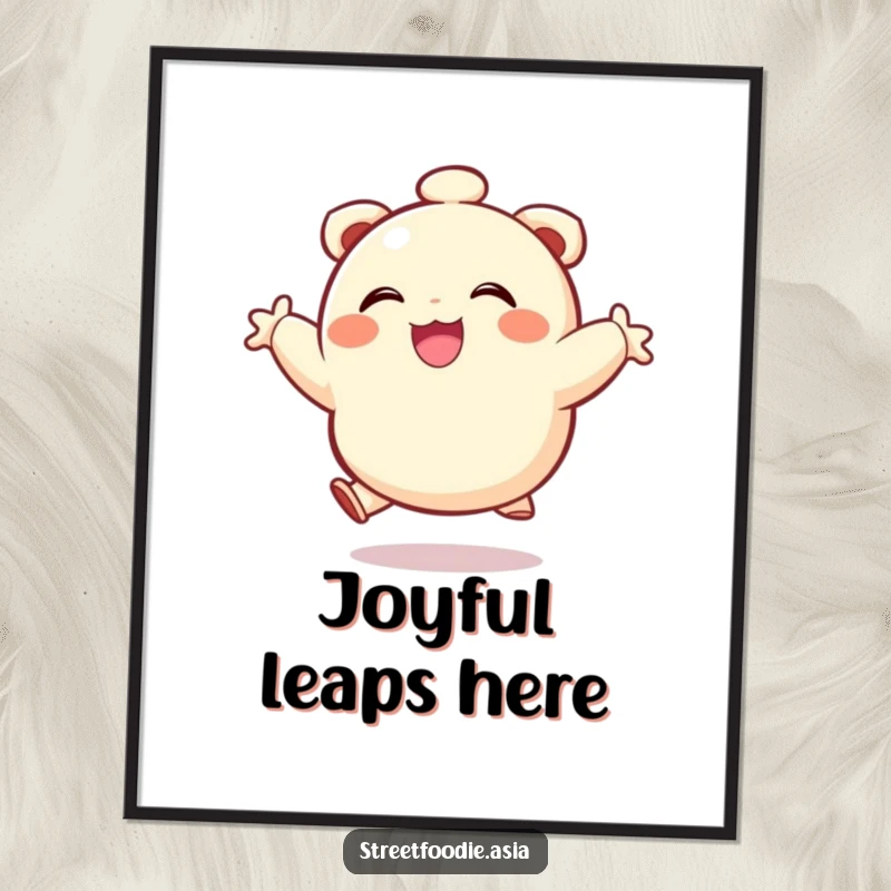 Funny poster of a happy dumpling character leaping with immense joy, creating a vibrant and uplifting atmosphere.