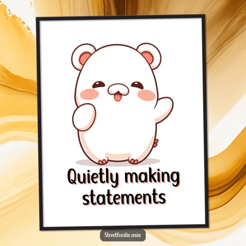 Funny Poster depicting a shy bao character offering a delicate wave, ideal for adding a touch of gentle humor to decor.