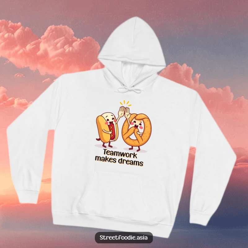 Funny Hoodie depicting a hot dog and pretzel character in a celebratory high-five, offering warmth and a humorous food theme.