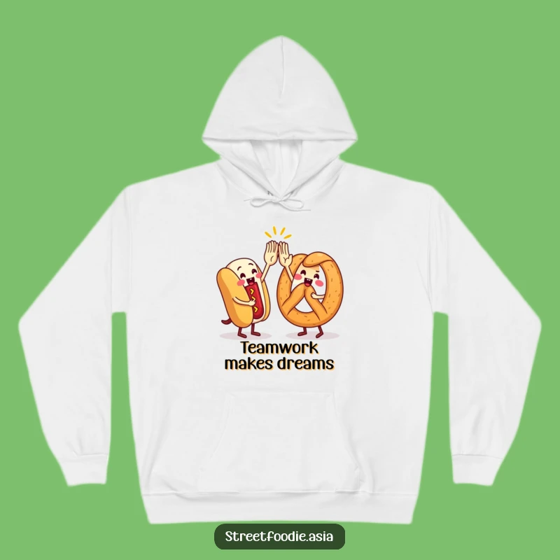 Cozy Funny Street Food High-Five Hoodie: Warmth Meets Snack-tastic Friendship