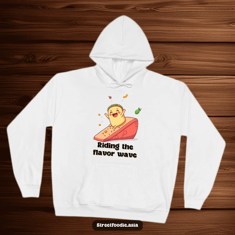 Funny hoodie with a jubilant burrito joyfully sliding down a massive salsa ramp, radiating happiness and a sense of thrill.