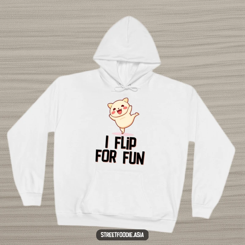 Funny hoodie showcasing a dim sum character mid-cartwheel, offering warmth and a big dose of cartoonish humor.