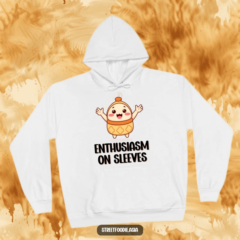 Funny Dim Sum Hoodie: A warm hoodie featuring a happy dim sum character with tiny arms waving. A fun and cozy funny gift.