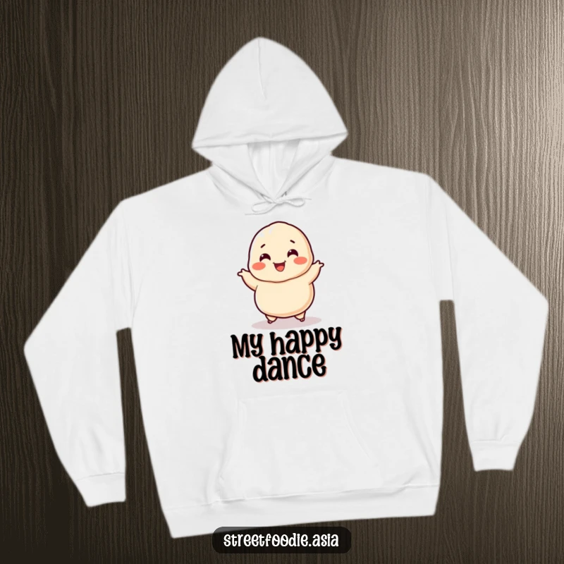 Funny Dumpling Hoodie: A warm hoodie featuring a smiling dumpling character doing a happy jig. A fun and cozy funny gift.