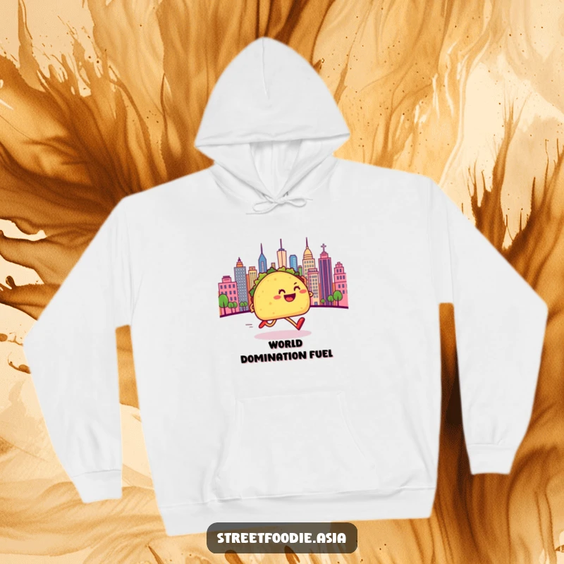 Funny hoodie showcasing a happy taco with legs sprinting enthusiastically towards a vibrant city, conveying a sense of adventure.
