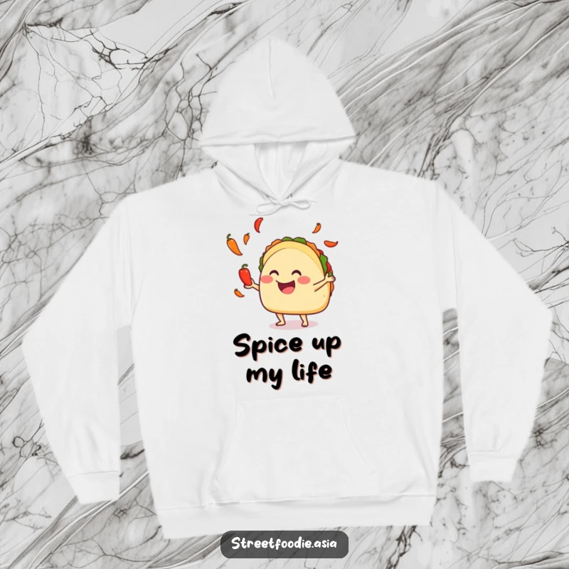 Funny taco juggling hot peppers on a cozy hoodie, offering warmth and playful, spicy vibes. Ideal funny gift.