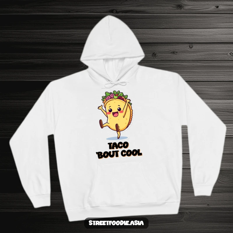 Funny Hoodie depicting a joyful taco character in a cartwheel, offering comfort and a festive, humorous food theme.