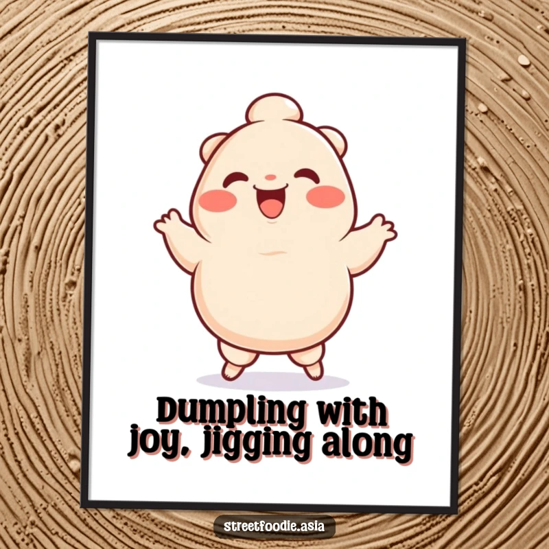 Funny Free Printable Dumpling Wall Art: A smiling dumpling character doing a silly jig, bringing vibrant energy to decor.