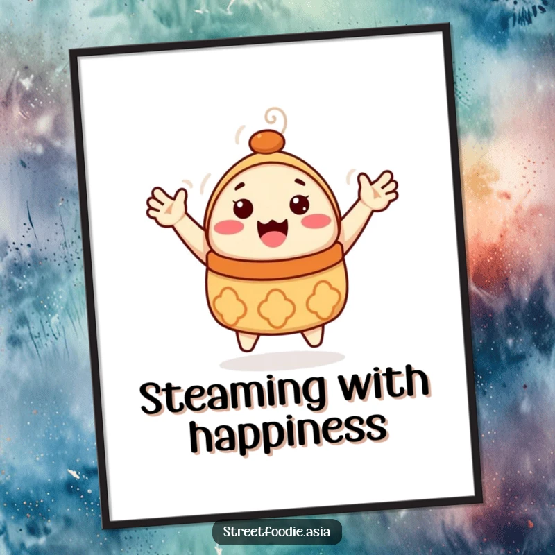 Funny Free Printable Dim Sum Wall Art: A happy dim sum character with tiny arms waving enthusiastically, adding decor.