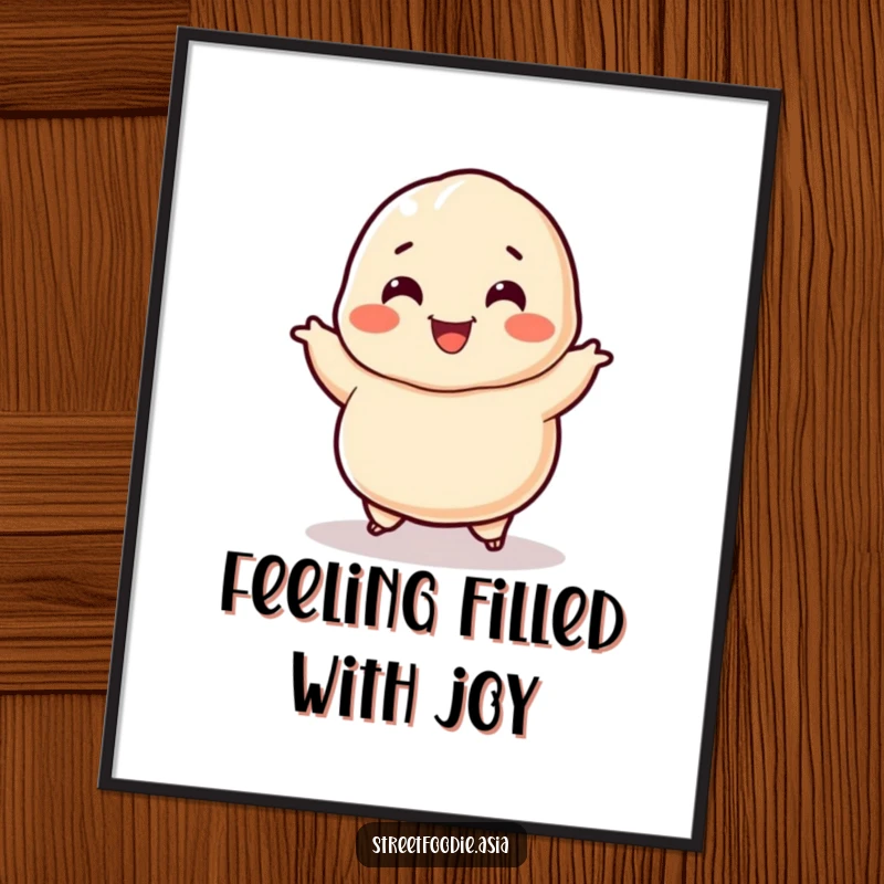 Funny Free Printable Dumpling Wall Art: A smiling dumpling character doing a happy little jig, adding cheerful decor.