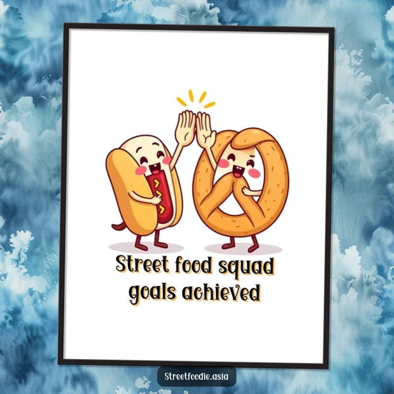 Funny Free Printable Street Food Wall Art: Hot dog and pretzel characters giving a high-five, adding a fun vibe.