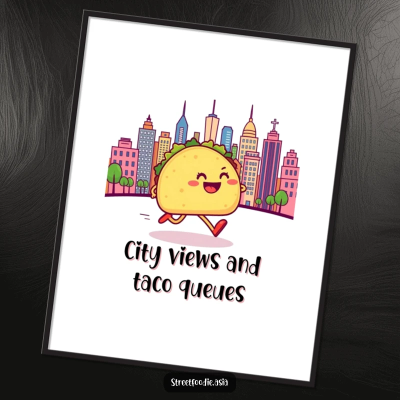 Funny Free Printable Wall Art: A happy taco with legs sprinting energetically towards a vibrant cityscape.