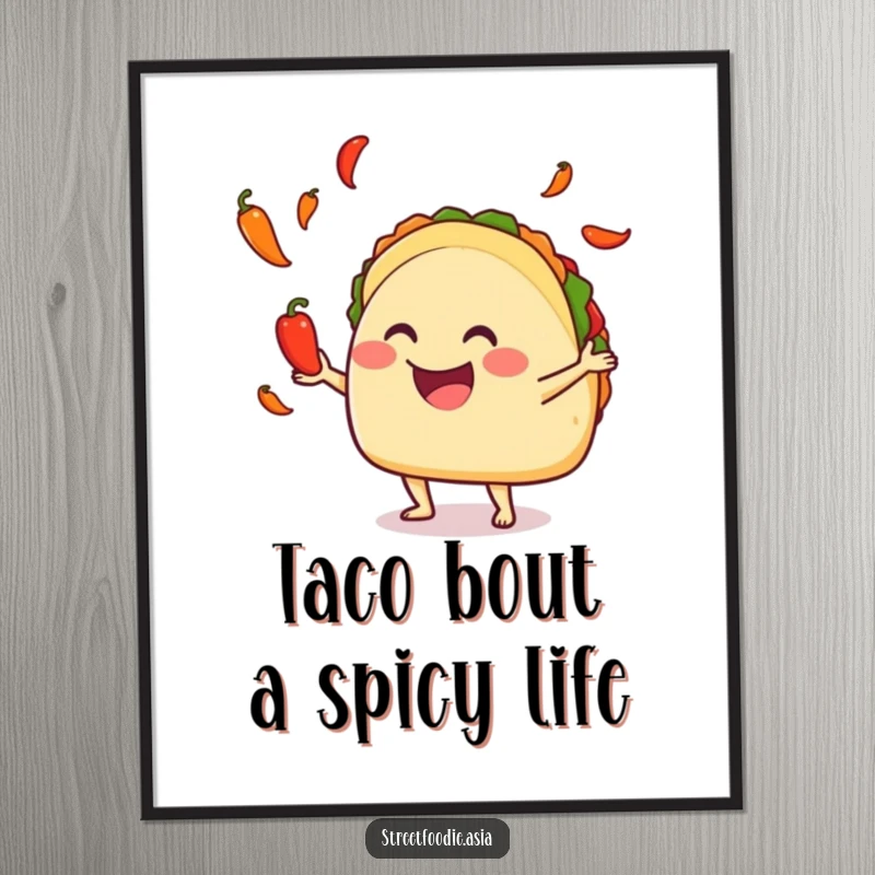Funny Free Printable Wall Art depicting a smiling taco energetically juggling tiny hot peppers, adding a playful and spicy touch.