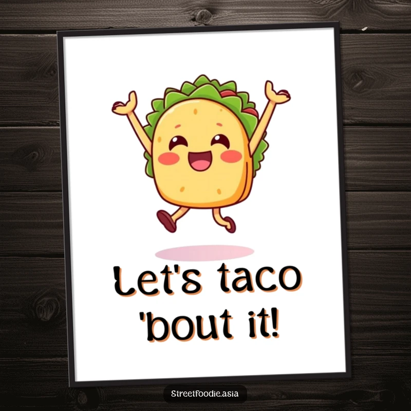 Funny Free Printable Happy Taco Wall Art: A happy taco character leaping joyfully, bringing a festive and fun atmosphere to your decor.