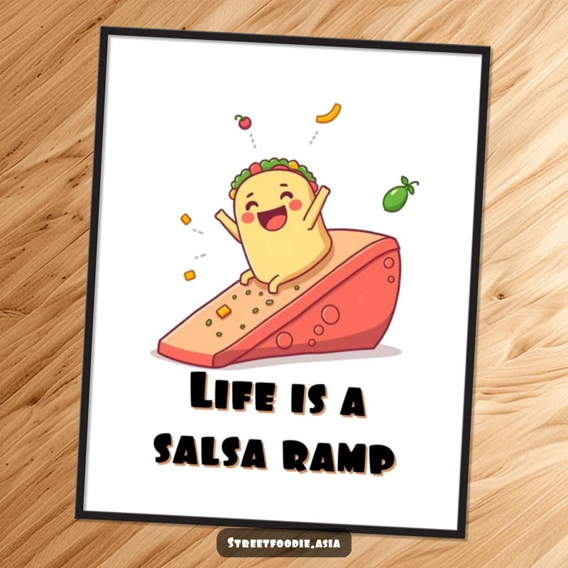 Funny Free Printable Wall Art: A smiling burrito joyfully sliding down a giant salsa ramp.
